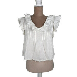 Faherty Yosepha Linen Blouse Women's Sz XS White Ruffle V-neck Top Pintuck Crop